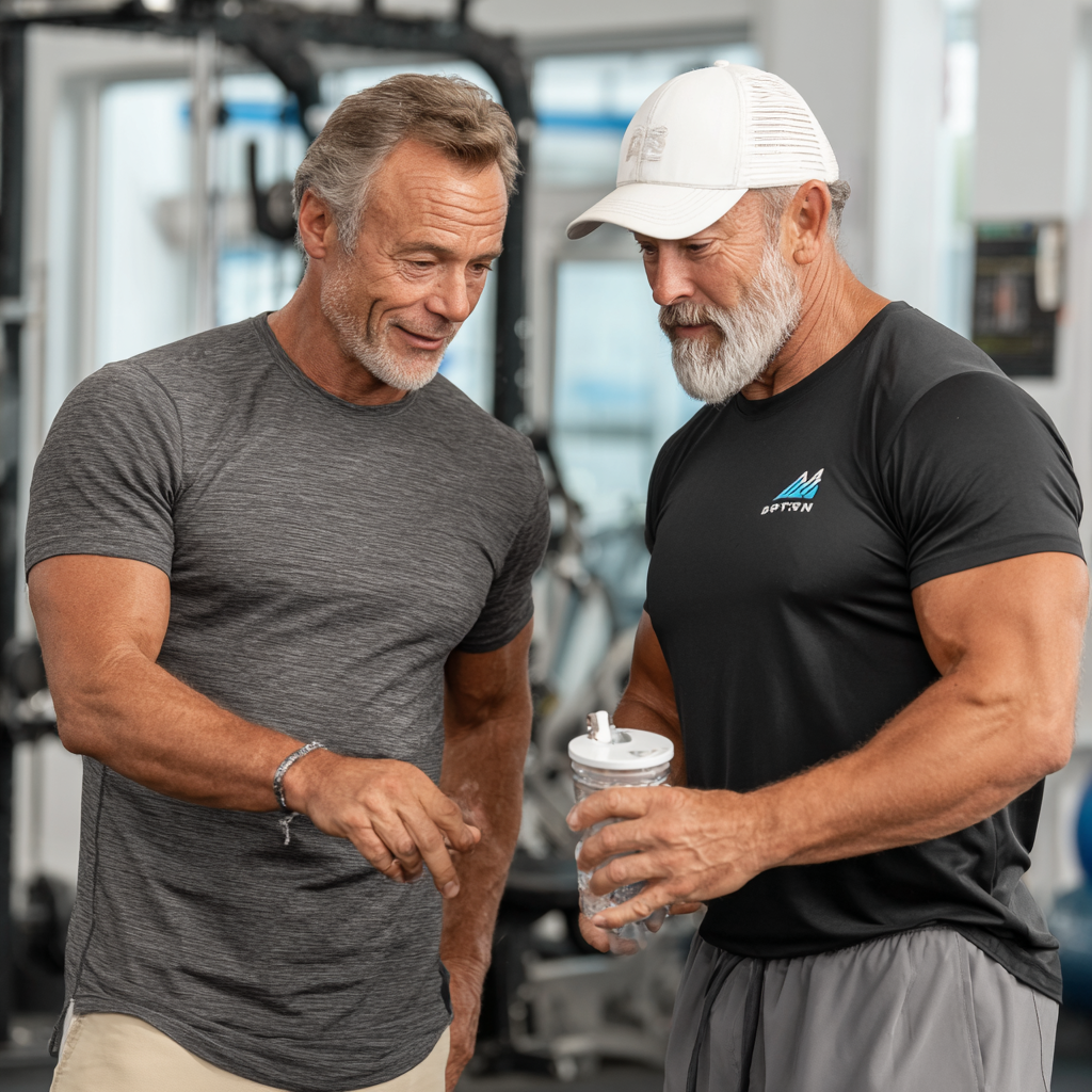 52 years old fitness coach consulting with 50 years old client about personalized training goals