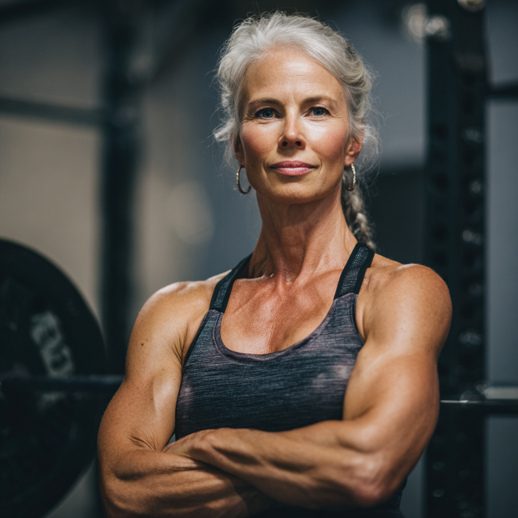 confident 50 years old woman displaying strength training results in innovative fitness environment